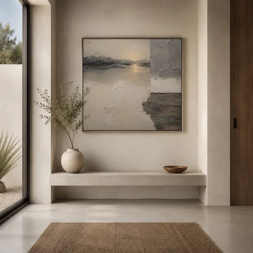Wabi-Sabi abstract oil painting showing layered abstract marks, texture and expressive painterly movement in a brown palette.