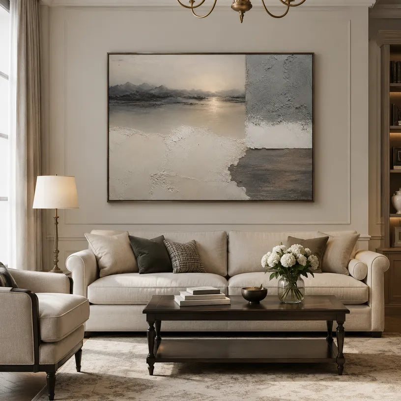 Wabi-Sabi abstract oil painting showing layered abstract marks, texture and expressive painterly movement in a brown palette.