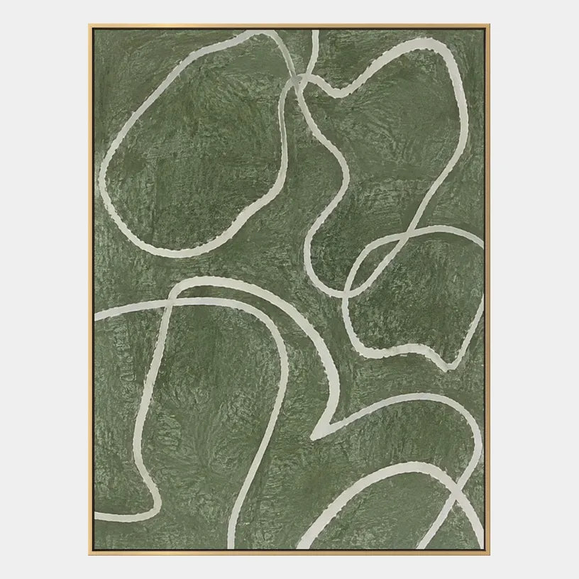 Wabi-Sabi abstract oil painting showing layered abstract marks, texture and expressive painterly movement in a green palette.