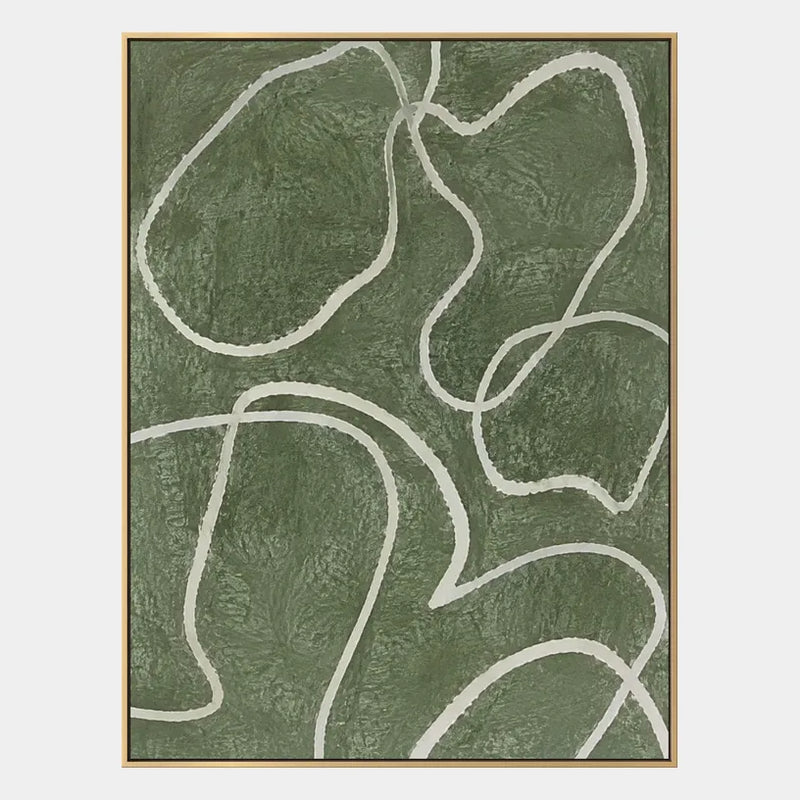 Abstraktes und konzeptuelles Ölgemälde von Wabi-Sabi mit geschichteten abstrakten Zeichen, Textur und ausdrucksstarker malerischer Bewegung in einer grünen Palette.