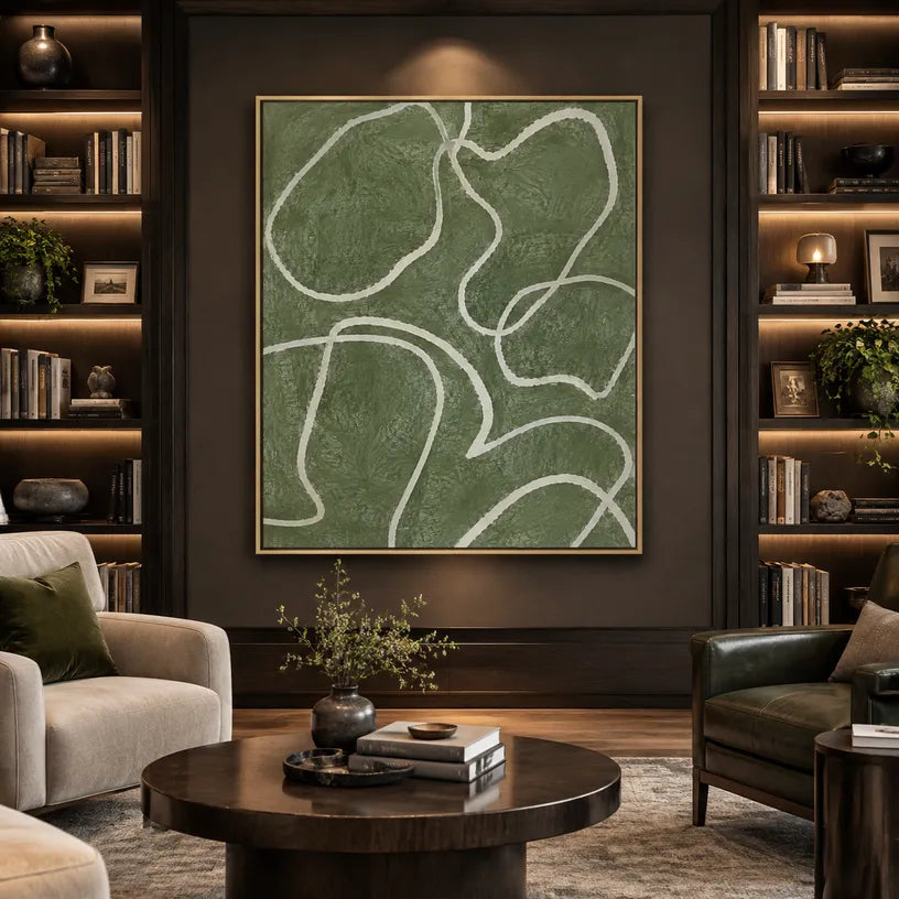 Wabi-Sabi abstract oil painting showing layered abstract marks, texture and expressive painterly movement in a green palette.