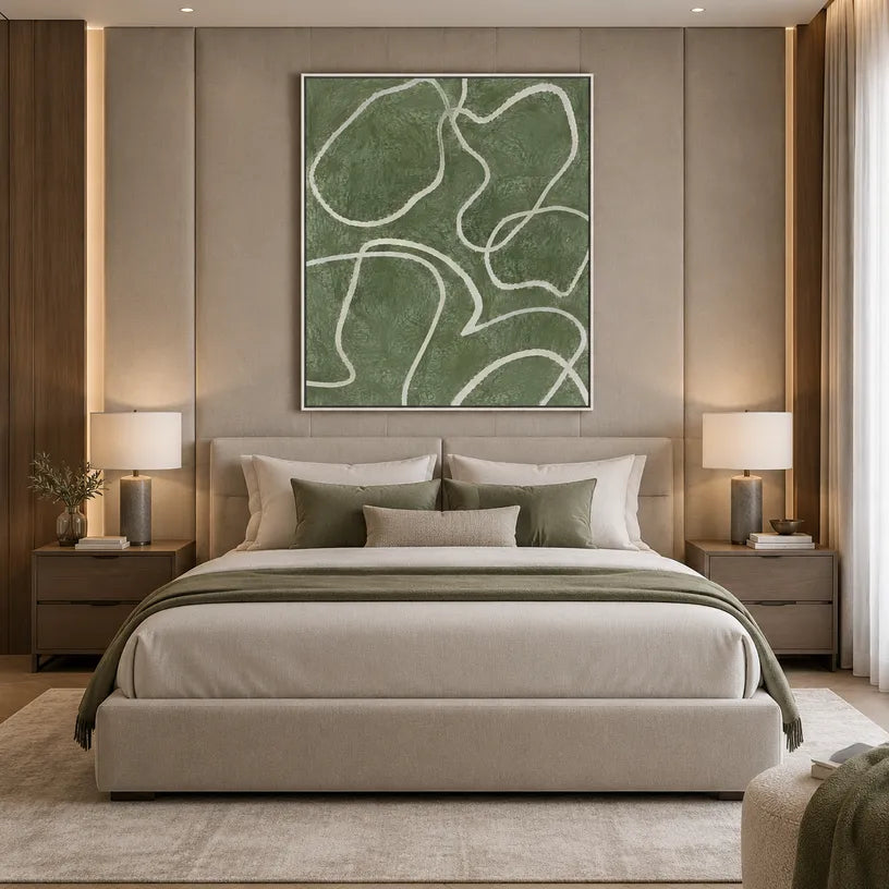 Wabi-Sabi abstract oil painting showing layered abstract marks, texture and expressive painterly movement in a green palette.