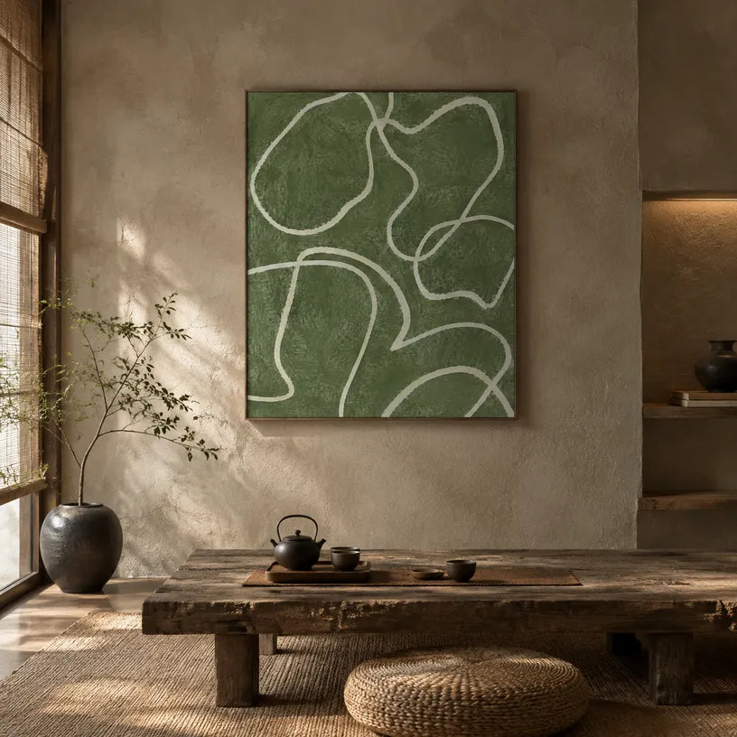 Wabi-Sabi abstract oil painting showing layered abstract marks, texture and expressive painterly movement in a green palette.