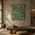 Wabi-Sabi abstract oil painting showing layered abstract marks, texture and expressive painterly movement in a green palette.