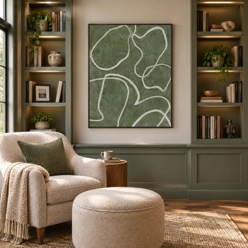 Wabi-Sabi abstract oil painting showing layered abstract marks, texture and expressive painterly movement in a green palette.