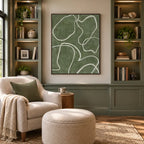 Wabi-Sabi abstract oil painting showing layered abstract marks, texture and expressive painterly movement in a green palette.