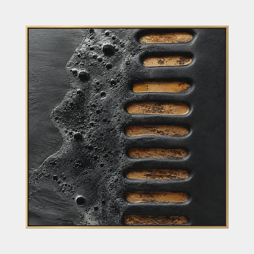 Wabi-Sabi abstract oil painting showing layered abstract marks, texture and expressive painterly movement in a black palette.