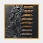 Wabi-Sabi abstract oil painting showing layered abstract marks, texture and expressive painterly movement in a black palette.
