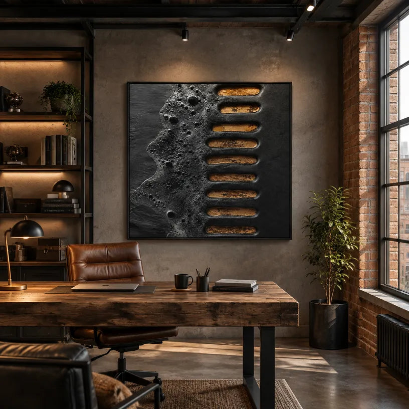 Wabi-Sabi abstract oil painting showing layered abstract marks, texture and expressive painterly movement in a black palette.