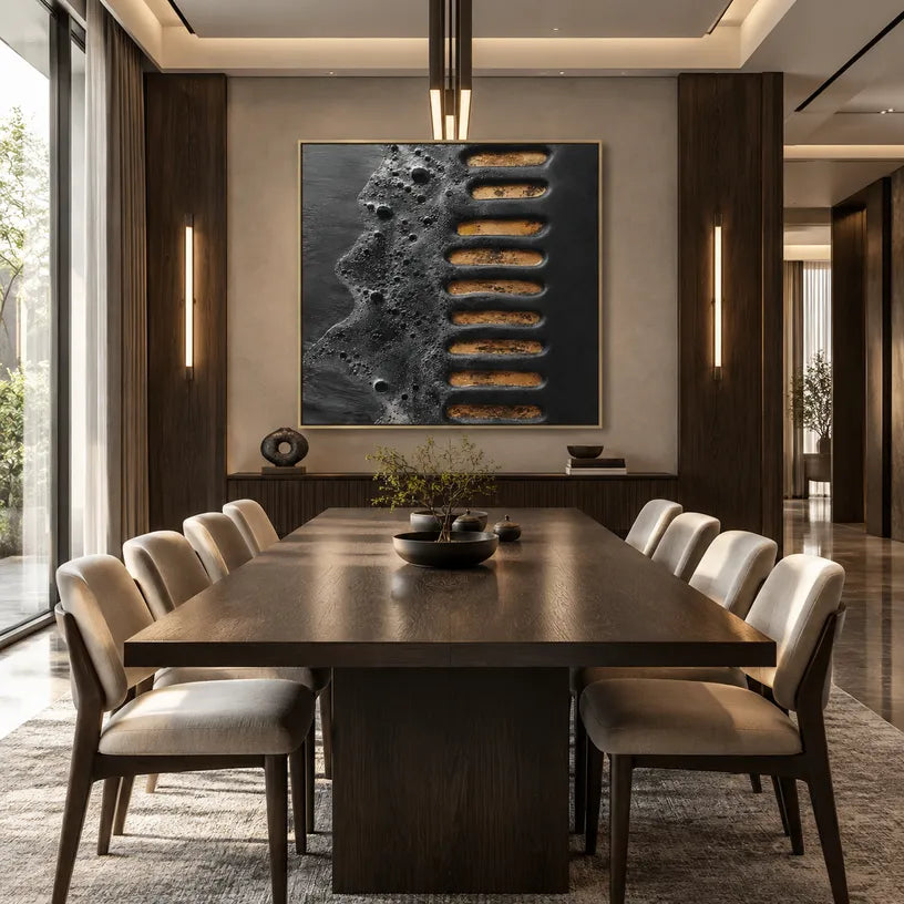 Wabi-Sabi abstract oil painting showing layered abstract marks, texture and expressive painterly movement in a black palette.