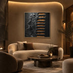 Wabi-Sabi abstract oil painting showing layered abstract marks, texture and expressive painterly movement in a black palette.