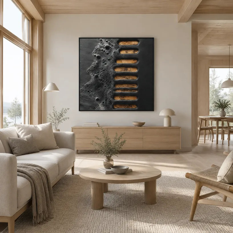 Wabi-Sabi abstract oil painting showing layered abstract marks, texture and expressive painterly movement in a black palette.