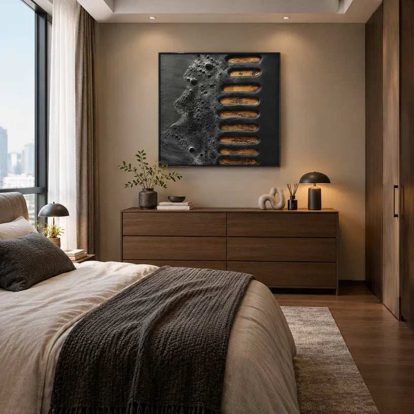 Wabi-Sabi abstract oil painting showing layered abstract marks, texture and expressive painterly movement in a black palette.