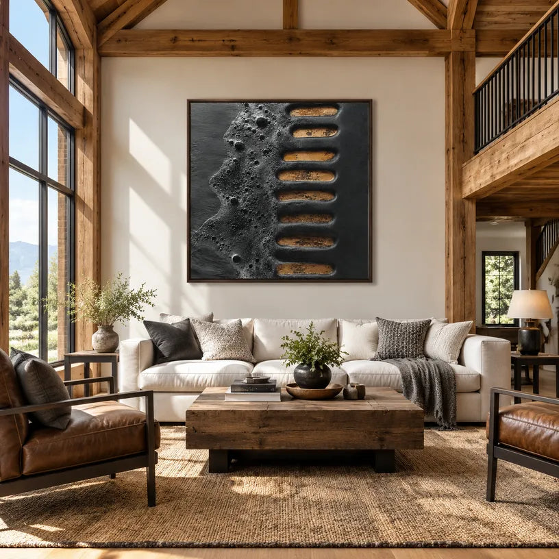 Wabi-Sabi abstract oil painting showing layered abstract marks, texture and expressive painterly movement in a black palette.