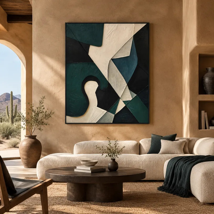 Wabi-Sabi abstract oil painting showing layered abstract marks, texture and expressive painterly movement in a black palette.