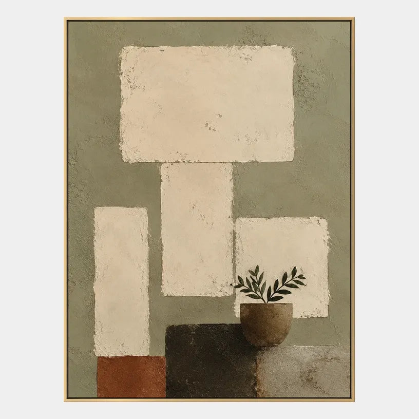 Wabi-Sabi abstract oil painting showing layered abstract marks, texture and expressive painterly movement in a yellow palette.