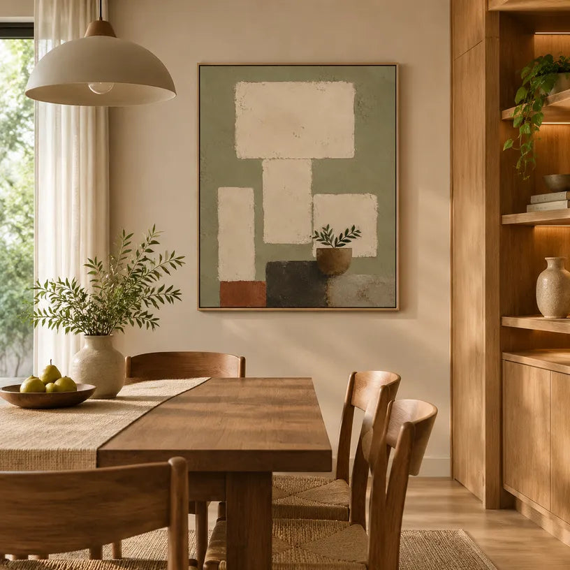 Wabi-Sabi abstract oil painting showing layered abstract marks, texture and expressive painterly movement in a yellow palette.