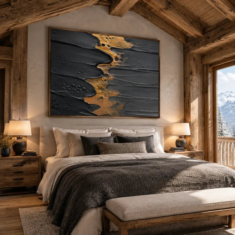 Wabi-Sabi abstract oil painting showing layered abstract marks, texture and expressive painterly movement in a black palette.