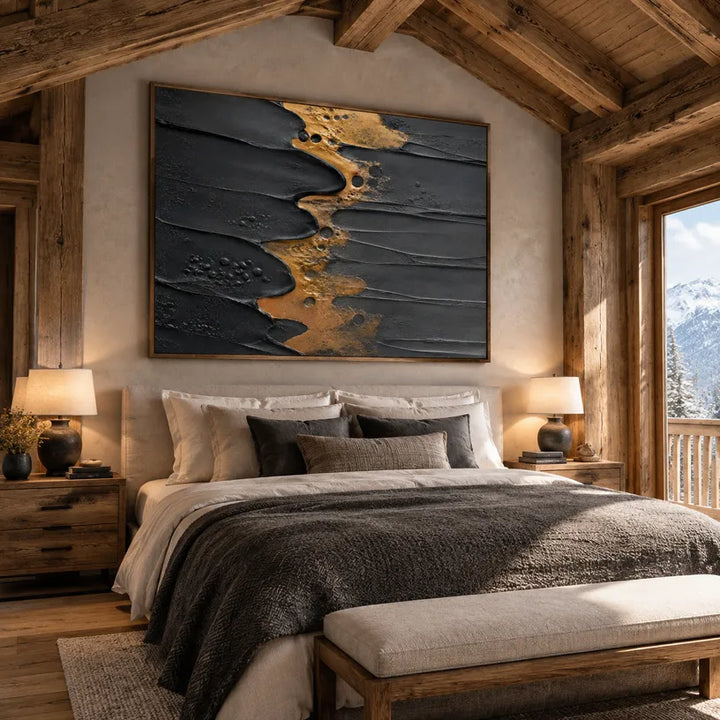 Pittura a olio astratta e concettuale Wabi-Sabi con segni astratti stratificati, consistenza e movimento pittorico espressivo in una tavolozza in bianco e nero.