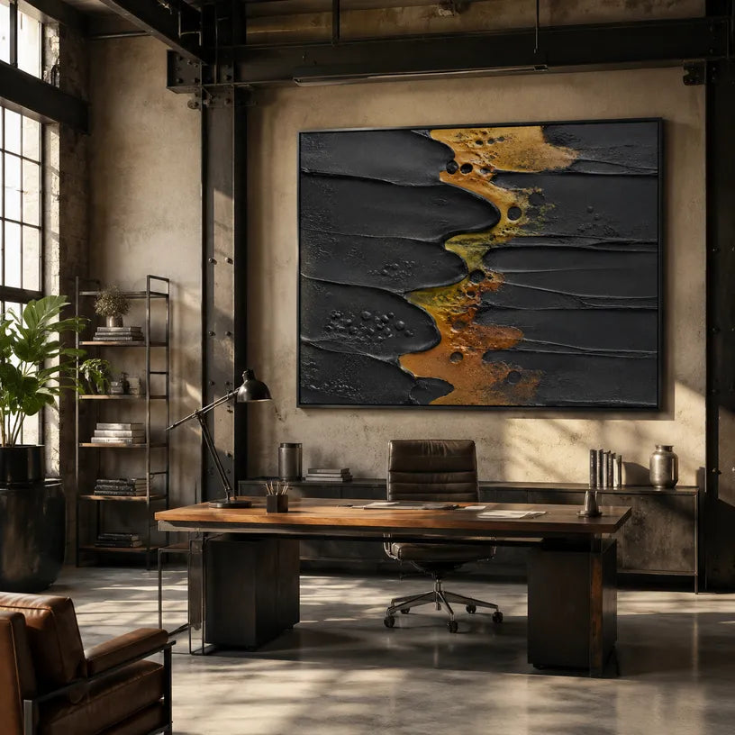 Wabi-Sabi abstract oil painting showing layered abstract marks, texture and expressive painterly movement in a black palette.