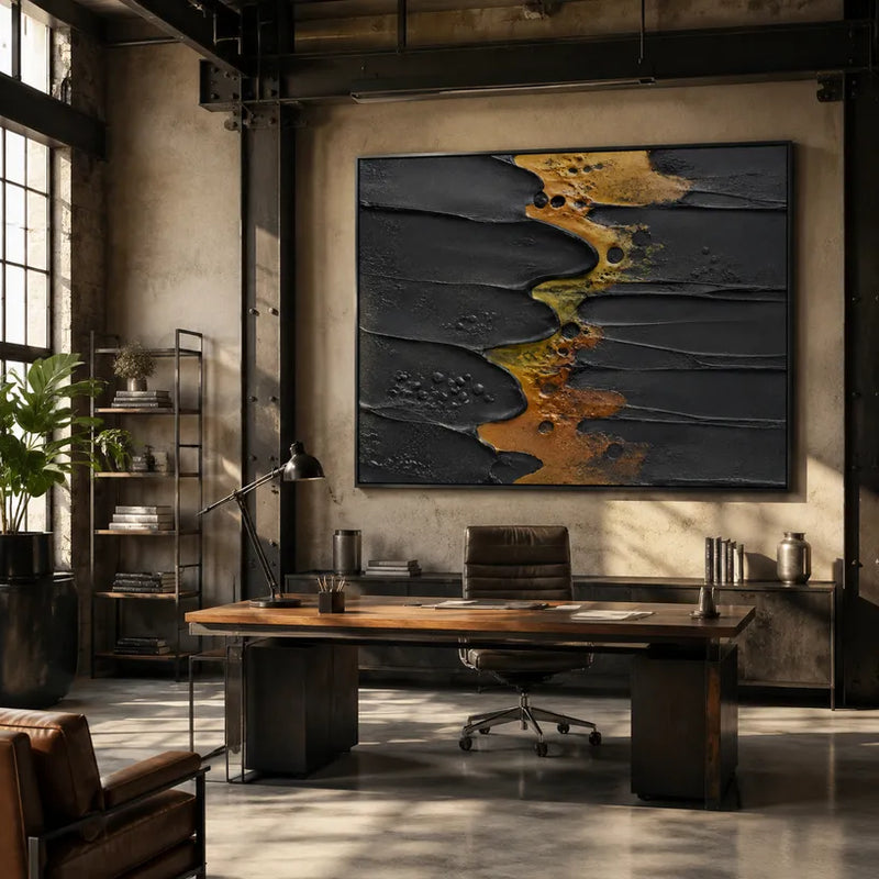 Peinture à l'huile abstraite et conceptuelle Wabi-Sabi présentant des marques abstraites superposées, une texture et un mouvement pictural expressif dans une palette noir et blanc.