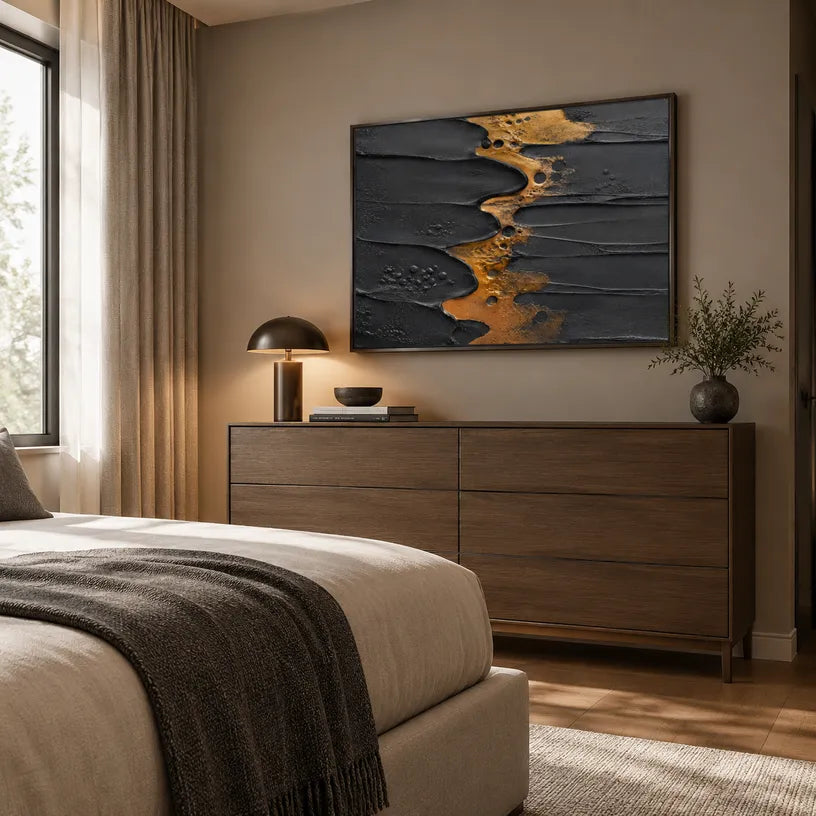 Wabi-Sabi abstract oil painting showing layered abstract marks, texture and expressive painterly movement in a black palette.