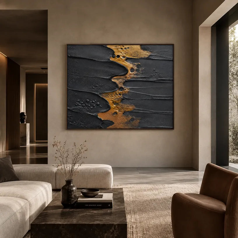 Wabi-Sabi abstract oil painting showing layered abstract marks, texture and expressive painterly movement in a black palette.