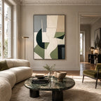 Wabi-Sabi abstract oil painting showing layered abstract marks, texture and expressive painterly movement in a beige palette.