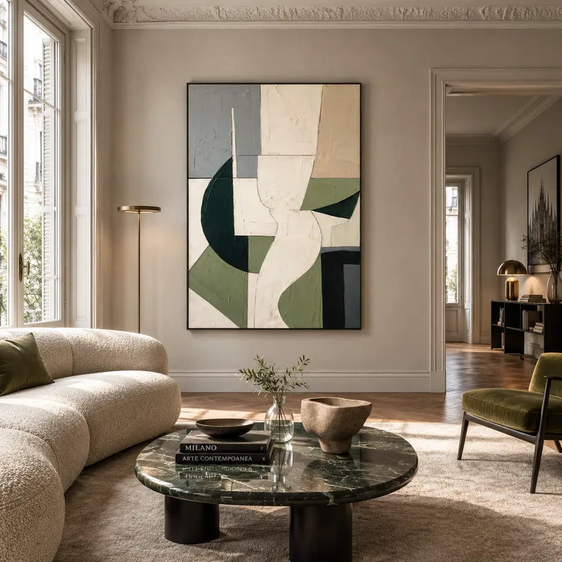 Wabi-Sabi abstract oil painting showing layered abstract marks, texture and expressive painterly movement in a beige palette.