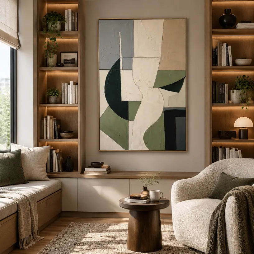 Wabi-Sabi abstract oil painting showing layered abstract marks, texture and expressive painterly movement in a beige palette.