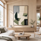 Wabi-Sabi abstract oil painting showing layered abstract marks, texture and expressive painterly movement in a beige palette.