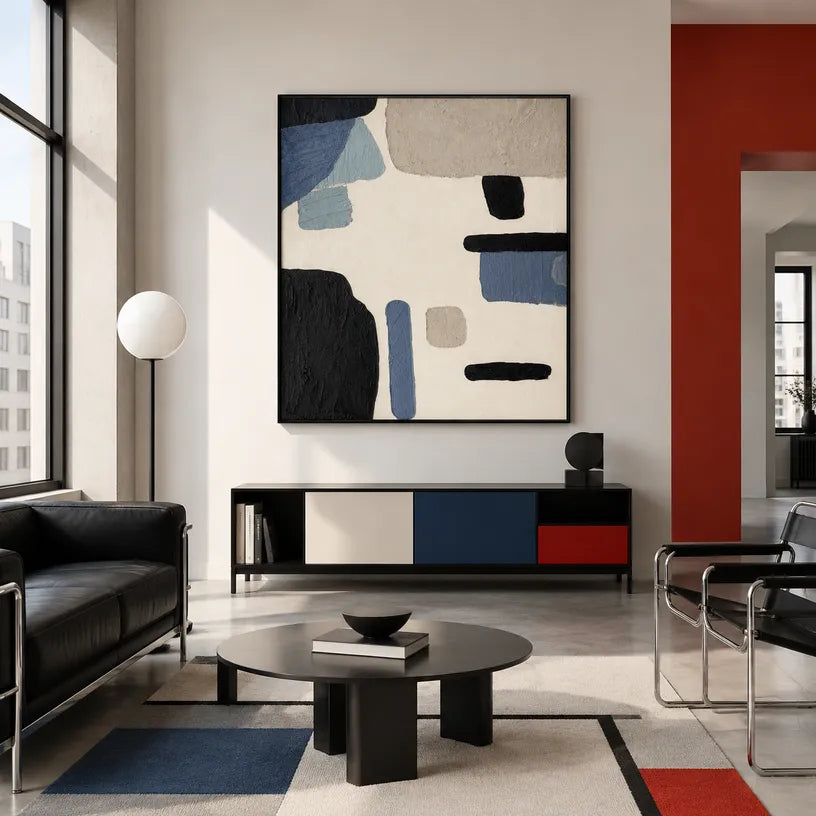 Wabi-Sabi abstract oil painting showing layered abstract marks, texture and expressive painterly movement in a black and white palette.