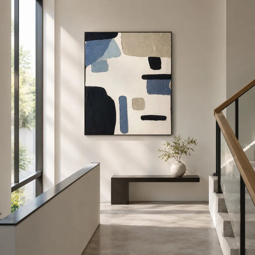 Wabi-Sabi abstract oil painting showing layered abstract marks, texture and expressive painterly movement in a black and white palette.