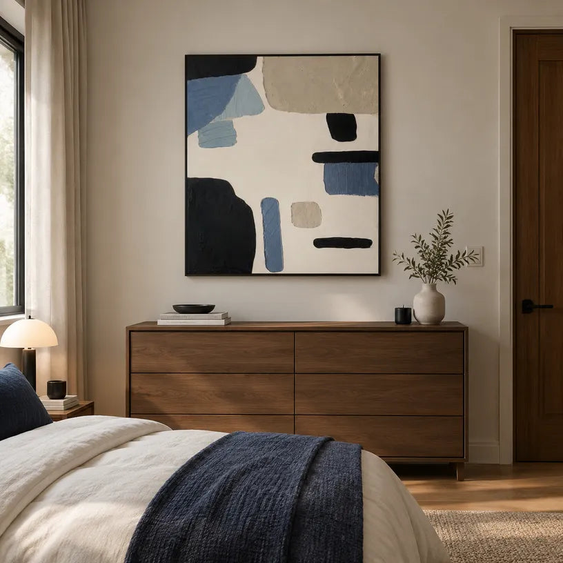 Wabi-Sabi abstract oil painting showing layered abstract marks, texture and expressive painterly movement in a black and white palette.