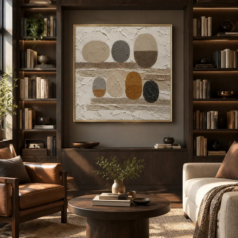 Wabi-Sabi abstract oil painting showing layered abstract marks, texture and expressive painterly movement in a brown palette.