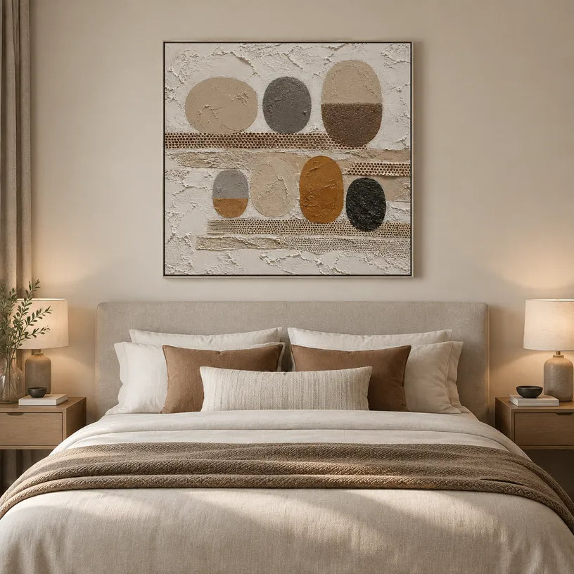 Wabi-Sabi abstract oil painting showing layered abstract marks, texture and expressive painterly movement in a brown palette.