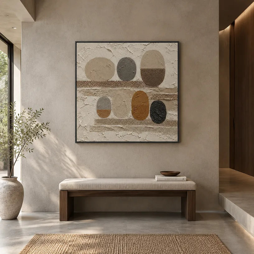 Wabi-Sabi abstract oil painting showing layered abstract marks, texture and expressive painterly movement in a brown palette.