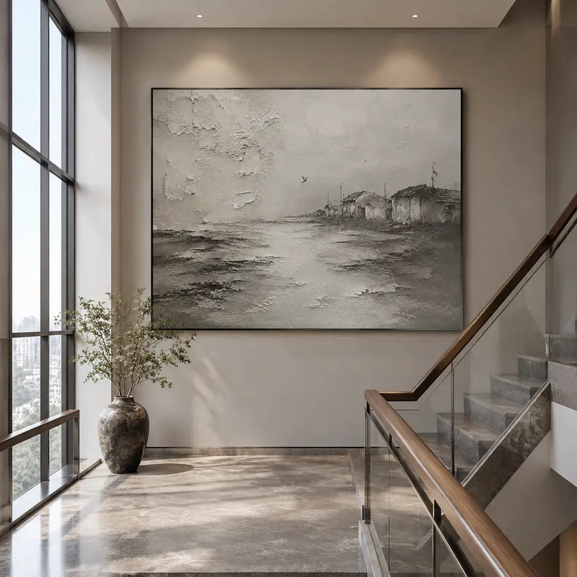 Wabi-Sabi abstract oil painting showing layered abstract marks, texture and expressive painterly movement in a grey palette.