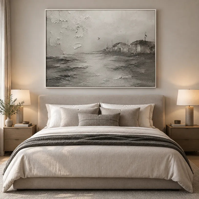 Wabi-Sabi abstract oil painting showing layered abstract marks, texture and expressive painterly movement in a grey palette.