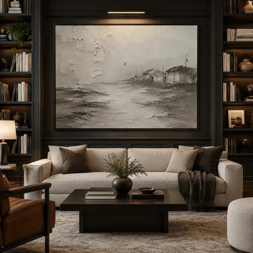 Wabi-Sabi abstract oil painting showing layered abstract marks, texture and expressive painterly movement in a grey palette.