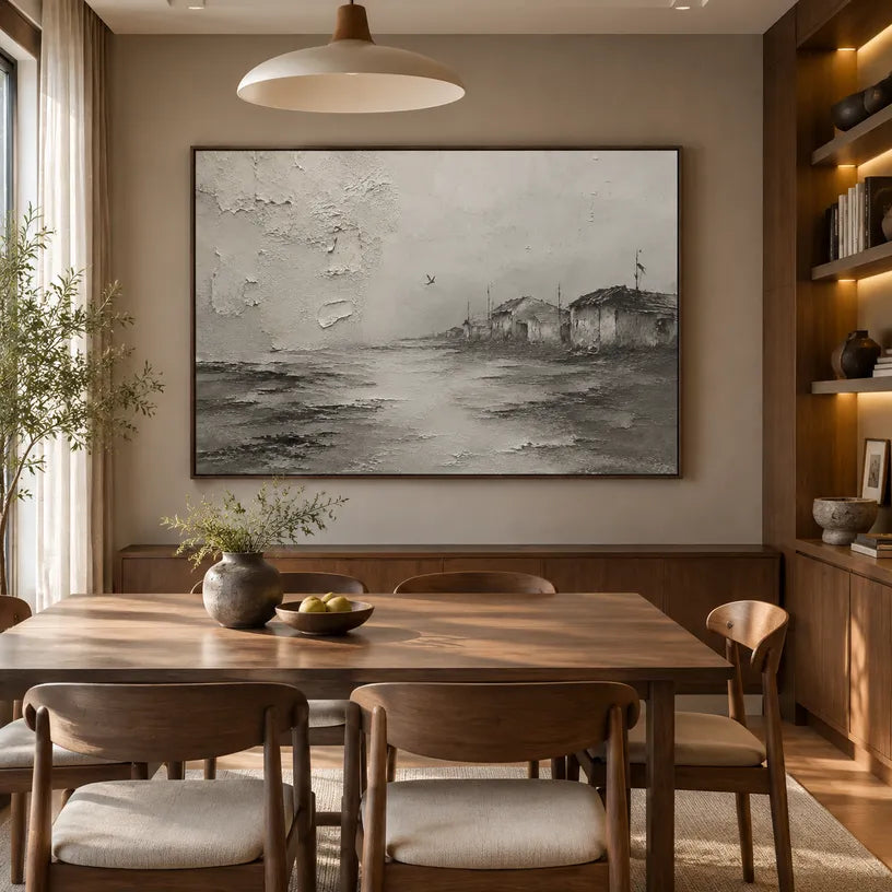 Wabi-Sabi abstract oil painting showing layered abstract marks, texture and expressive painterly movement in a grey palette.