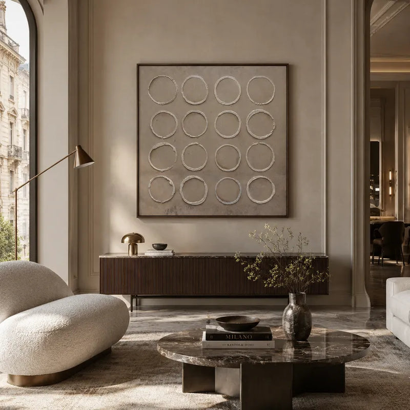 Peinture à l'huile abstraite et conceptuelle Wabi-Sabi présentant des marques abstraites superposées, une texture et un mouvement pictural expressif dans une palette marron.