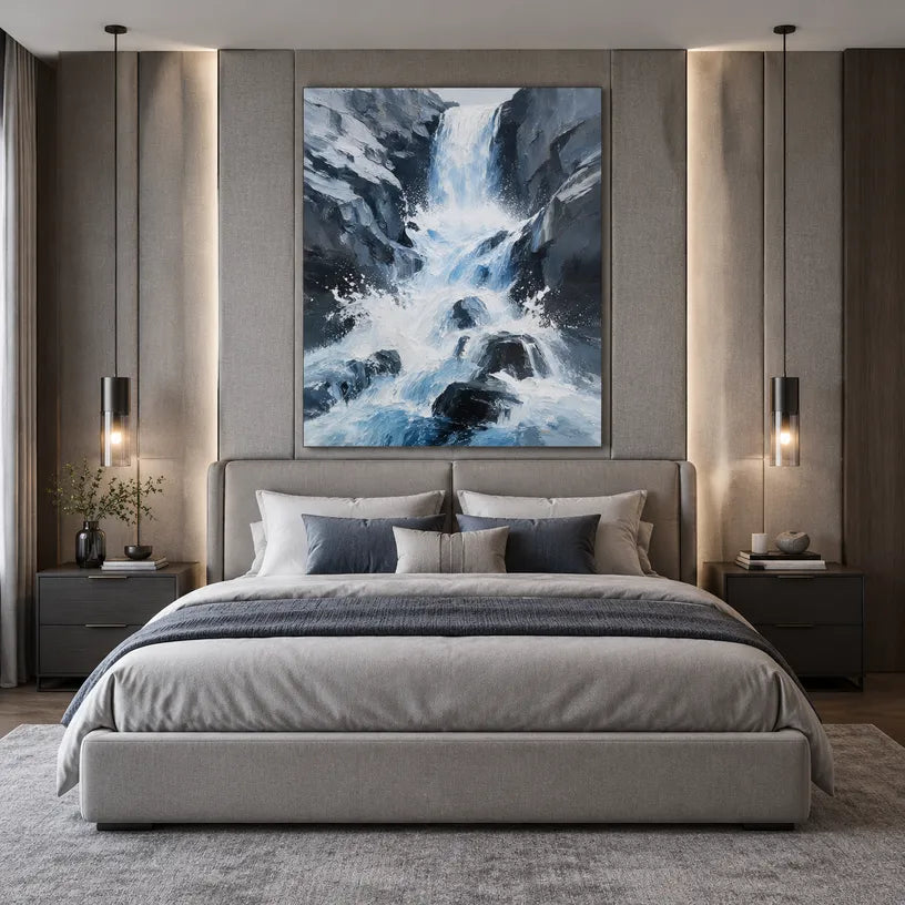 Wabi-Sabi abstract oil painting showing layered abstract marks, texture and expressive painterly movement in a blue palette.