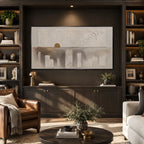 Wabi-Sabi abstract oil painting showing layered abstract marks, texture and expressive painterly movement in a brown palette.