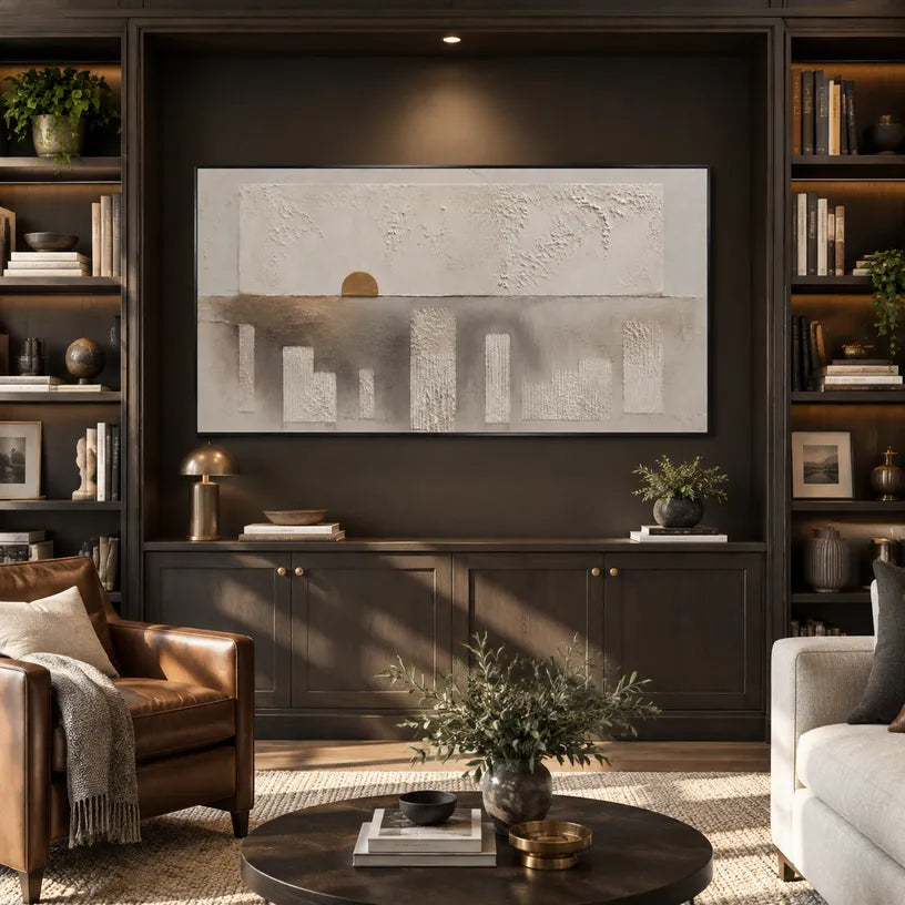 Wabi-Sabi abstract oil painting showing layered abstract marks, texture and expressive painterly movement in a brown palette.