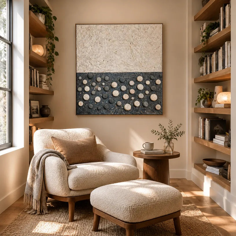 Wabi-Sabi abstract oil painting showing layered abstract marks, texture and expressive painterly movement.
