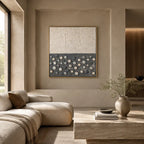 Wabi-Sabi abstract oil painting showing layered abstract marks, texture and expressive painterly movement.