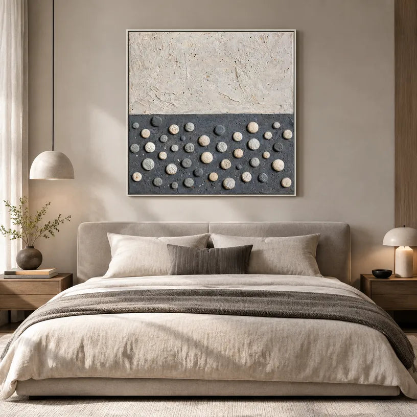 Wabi-Sabi abstract oil painting showing layered abstract marks, texture and expressive painterly movement.