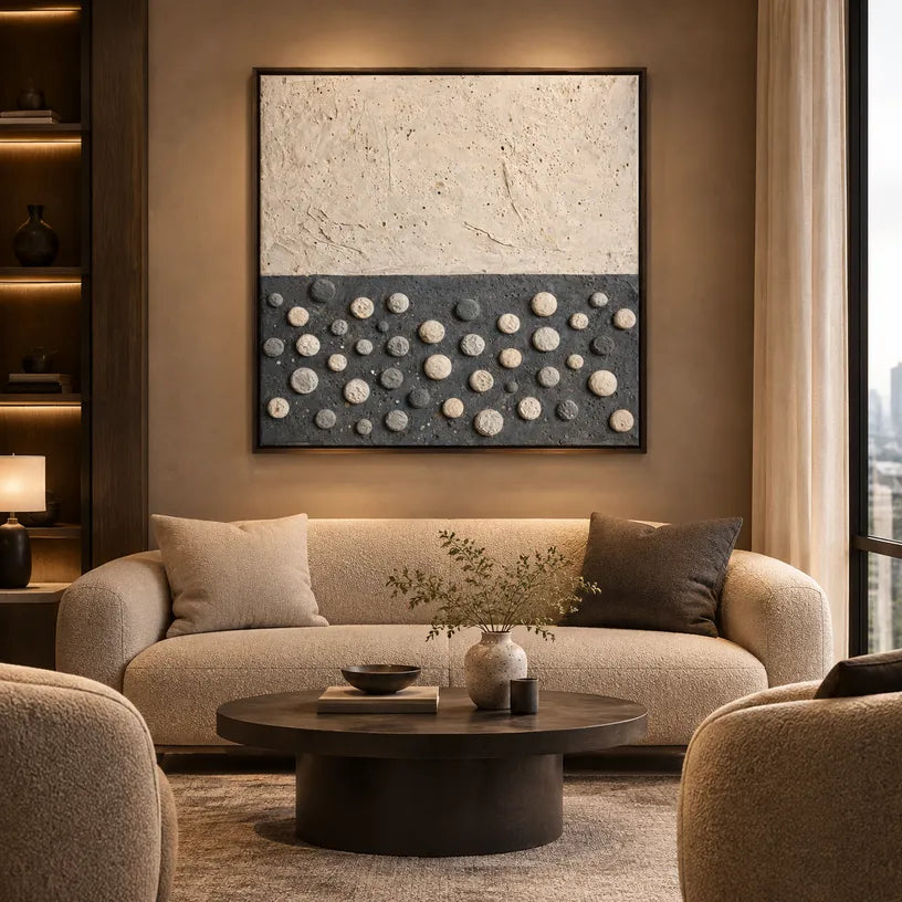 Wabi-Sabi abstract oil painting showing layered abstract marks, texture and expressive painterly movement.