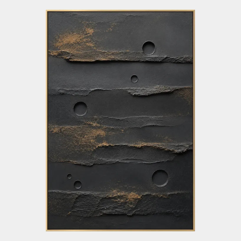 Wabi-Sabi abstract oil painting showing layered abstract marks, texture and expressive painterly movement in a black palette.
